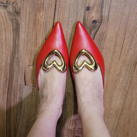 ❤️ ANTHROPOLOGIE Maeve Red Gold Heart Mule Kitten Heels Genuine Leather - Picture 5 of 12